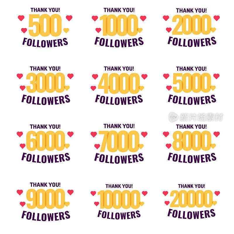 一套500、1000、2000、3000、4000、5000、6000、7000、8000、9000、10000、20000 follower。矢量图标设计插图上的白色背景。